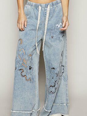 Denim Vintage Wash Outseam Woven Twill Wide Pants